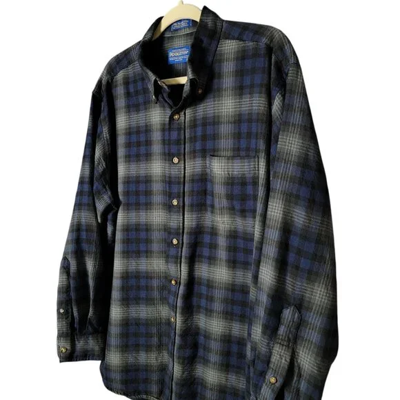 Pendleton Mens Sire Pendleton Blue Plaid Wool Long Sleeve Button Down Shirt XL - Picture 2 of 7